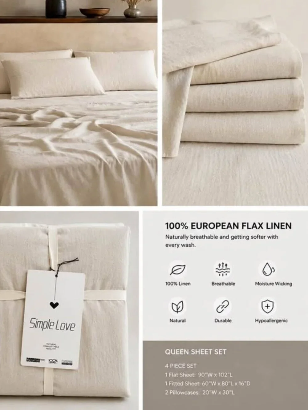Simple Love NATURAL 100% European Flax Linen 4 PCS Sheet Set